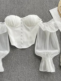 Nukty Summer Off Shoulder Tops Women Long Sleeves Solid Zipper Elastic Waist Tops Spring Fashion Ruffle Short Sexy Shirts