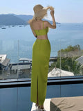 Nukty Summer Elegant Solid Skirt Suits Sexy Spaghetti Strap Floral Top + Slim Waist Long Skirt Holiday Beach Womens Two Pieces Set New