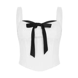 Nukty Contrast Bow Stitching Crop Top Vintage y2k Sleeveless Slim-fitting Corset Tops Women Korean Style Tees Summer Streetwear