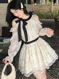 Nukty Sweet Off Shoulder Womens Dresses Elegant Bow Lace-up Long Sleeves Princess Ruffles Party Short Dress Spring A-line Vestidos New