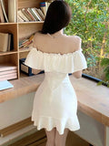 Nukty French White Ruffles Women's Short Dress Bodycon Slash-Collar Sexy Sweet Slim Fit Shoulder Party Evening Dresses Summer New