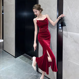 Nukty Sexy Vintage Split Velvet Spaghetti Strap Midi Dresses for Women Autumn Winter French Elegant Wedding Party Female Clothing