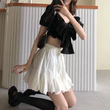 Nukty Kawaii Ruffles Mini Skirt Women Korean Style White High Waist A-line Patchwork Lace-up Cute Pleated Skirt Shorts Summer