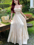 Nukty Elegant Fairy Chic Pleated Dresses Korean Patchwork Slim Waist A Line Sling Dress Women Princess Evening Vestidos Female Robe
