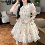 Nukty Summer Sweet Lolita Style Fairy Dress Women Cute Peter Pan Collar Floral Ruffles Princess Dresses Female Chic Vacation Vestidos