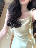Nukty Vintage Elegant Satin Strap Midi Dress Women 2024 Summer Casual Even Party Dress Pure Color Korean Fashion One Piece Dress Chic