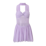 Nukty Sexy Off Shoulder Elegant Scarf See Through Backless Ribbon A-Line Mini Dress Summer Fashion Party New Women Vestidos