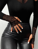 Nukty Jumpsuit Women Summer Fashion Contrast Lace Long Sleeve Sexy Cold Shoulder Plain Skinny Daily Bodysuit