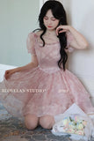 Nukty Korean Sweet Lace-up Mini Dress Elegant Print Puff Sleeve Ball Gown Birthday Party Short Dresses Summer Spring Princess Vestidos