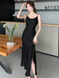 Nukty Elegant Solid Satin Womens Dresses French Spaghetti Strap Swinging Collar Bodycon Evening Party Dress Korean Split Vestidos Robe