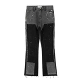 Nukty Streetwear Speckled Ink Color Match Y2K Baggy Jeans for Men Patchwork Rage Fringe Micro Denim Trousers Oversized Loose Cargos