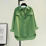 Nukty Women's New Spring Solid Color Shirt Corduroy Shirt Double Pocket Thick Shirt Cardigan Button Polo Collar Long Sleeve Tops