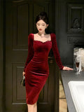 Nukty NEW YEAR DRESS TO IMPRESS Autumn Winter Dresses Women Elegant Sexy Square Collar Slim Long Sleeve Vintage Velvet Dress Female French Style Chic