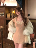 Nukty Autumn Elegant Slim Knitting Lace Dress Women Sexy Bodycon Y2k Mini Dress Casual Short Party Korean Fashion Dress Design