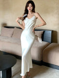 Nukty Elegant Satin Mermaid Dresses for Women V-Neck Long Sleeves Spaghetti Strap Evening Party Dress Prom Robe One Piece Vestidos New
