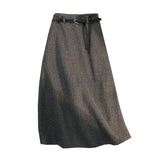 Nukty Vintage Thicken Woolen Skirts for Women Autumn Winter New Solid Color Casual High Waist A-line Women's Skirts