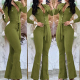 Nukty Jumpsuit Women Autumn Fashion Button Casual Turn-Down Collar Long Sleeve Skinny Bootcut Jumpsuit with Belt Y2K Streetwear