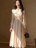 Nukty Elegant French Satin Vintage Midi Dress Spring New Office Lady Lace-up Long Sleeves Slim Wasit Korean Chic Vestidos Basics