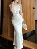 Nukty Elegant Satin Mermaid Womens Dresses Sexy Halter Spaghetti Strap Bodycon Evening Party Dress Summer Slim Waist Vestidos Robe New