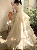 Nukty French Elegannt Strap Ruffles Romantic Cake Women's Dresses Backless Sleeveless Princess Vestidos Spring Summer New Robe