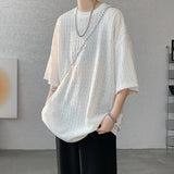 Nukty Summer Texture Short Sleeve Men T Shirt Korean Style Loose O Neck Fashion Casual  Cool Tshirt Oversized Hollow out Tops White