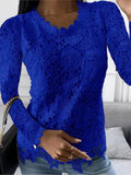Nukty Women Lace Hollow T Shirt Top Fashion Round Neck Long Sleeve Office Lady Blouses Casual Vintage High Street Boho Tops All Season