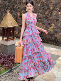 Nukty Summer  Floral Neck Halter Dresses Women New French High Waisted Cake Dress Beautiful Romantic Flowers Vestido