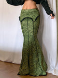 Nukty Vintage Fashion Elegant Green Trumpet Long Skirt Graphic Printed Lace Trim Y2K High Waist Skirt Women 2000s Aesthetic