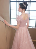 Nukty DRESS TO IMPRESS Pink Sequin Evening Dress Elegant Appliques Floor-Length Pearl Beading Prom Party Gown Princess Bubble Sleeve Vestido De Festa