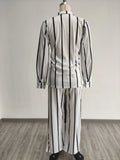 Nukty Autumn Winter Fashion Striped Print Set Women's Long-sleeve Button Shirt Wide-leg Pants Two-piece Suit Casual Office Ladies Sets