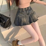 Nukty  Vintage Fringe Design Slimming High-waisted Denim Skirt Women's Mini Dress Plenty Wrinkles For Summer