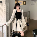Nukty Spring Autumn Vintage Patchwork Y2k Sweet Kawaii Party Dresses for Women Casual Lace Up Bow Harajuku Long Sleeve Club Mini Dress