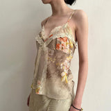 Nukty Vintage Floral Print Strap Top Retro Y2k Lace Stitching V-neck Crop Tops Women Summer Casual Tees Aesthetic Harajuku Chic