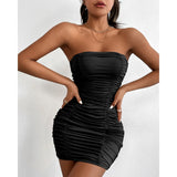 Nukty Sexy Women Pleated Mini Dress Solid Party Elegant Sleeveless Slim Bodycon Club Dresses Strapless Streetwear