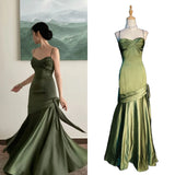 Nukty Elegant Emerald Green Irregular Patchwork Evening Party Dress High Waist Spaghetti Strap Pleated Hem Prom Gown For Women