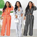 Nukty Autumn Winter Fashion Striped Print Set Women's Long-sleeve Button Shirt Wide-leg Pants Two-piece Suit Casual Office Ladies Sets