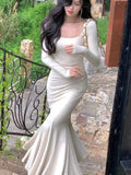 Nukty Elegant Long Sleeve Knitted Mermaid Dresses Women Sexy Fashion Slim Solid Evening Party Prom Casual Vestido Mujer New Autumn