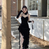Nukty Women's Elegant Dresses 2024 Spring New Solid Color Shannon Velvet Halter Flutter Dress with Sleeve Sets Women's