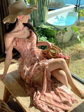 Nukty Sweet Floral Print Womens Dresses French Style Spaghetti Strap Sleeveless Birthday Party Dress Summer Femme Slim Waist Vestidos