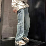 Nukty Stars Patchwork Men Jeans New Fashion Y2K Tassel Pants Korea Clothes Straight Hip Hop Splicing Trousers Male Streetwear