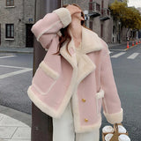 Nukty Pink Sherpa Cashmere Jacket Ladies Short Winter Fur Solid Color Loose Stitching Long Sleeve Small Korean Style Thickening New