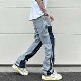 Nukty Streetwear Speckled Ink Color Match Y2K Baggy Jeans for Men Patchwork Rage Fringe Micro Denim Trousers Oversized Loose Cargos