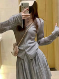 Nukty Y2K Mini Pleated Knitted Skirt Suits Women Autumn Chic Suit Elegant V-Neck Long Sleeve Cardigan Korean Solid Two-piece Sets New