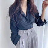 Nukty White Shirts Women Spring Korean Style Temperament Pure Chic Design Tops Lace-up Lapel New Office Lady All-match Popular Daily