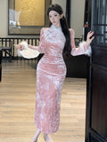 Nukty Elegant Velvet Womens Dresses Fashion New Chinese Style Bodycon Evening Party Dress Female Clothing Slim Vestidos Chic Robe New