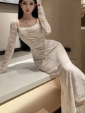 Nukty Sexy Women Elegant Bodycon Slim Lace Dress Vintage Casual Backless Evening Party Dresses Female Fashion Long Robe Clothes Autumn