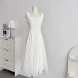 Nukty White Elegant Fairy French Sling Dress For Woman Summer Mesh Ball Gown Square-Collar Slim Fit Skirt Party Evening Dress