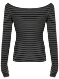 Nukty  Sexy Off Shoulder Long-Sleeve Women T Shirt Vintage Stripes Slim All-Match Tops Y2K Spring Korean Streetwear Casual Female Tees