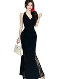 Nukty Sexy Black Lace Hollowed Halter Dresses Women Off Shoulder Backless Slim Mermaid Long Dress High Fashion Party Outfits Vestidos