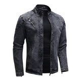Nukty New Motorcycle Denim Jacket Men Retro Zippers Stand Collar Denim Coats Mens Cotton Slim Fit Denim Jacket Moto Biker Outerwear